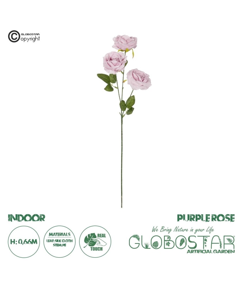 GloboStar® Artificial Garden PURPLE ROSE BRANCH 21194 Τεχνητό Διακοσμητικό Κλαδί Τριαντάφυλλα Μωβ Y66cm